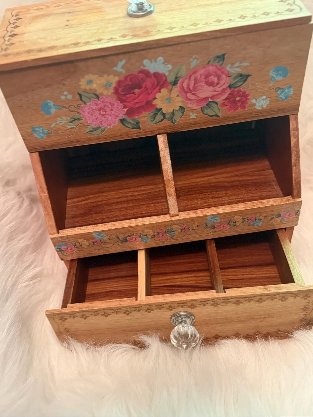 Pioneer Woman Hand-Painted Floral Wooden Storage Box - Natural Wood and Pink